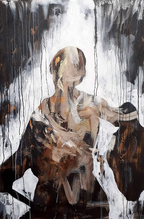 David with the Head of Goliath (after Caravaggio) - Mixed Media on Canvas - 120cm x 100cm